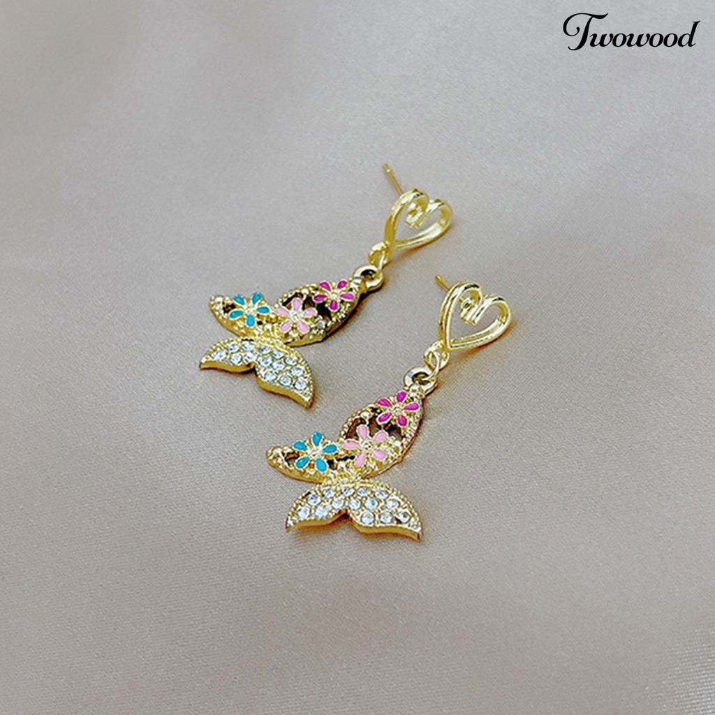 Twowood 1pasang Anting Stud Desain Pengadilan Kerajaan Yang Indah Berkilau Tinggi Hias Berlian Imitasi Pola Geometris Dress Up Aksesori Perancis Retro Kupu-Kupu Menjuntai Anting Untuk Pacaran