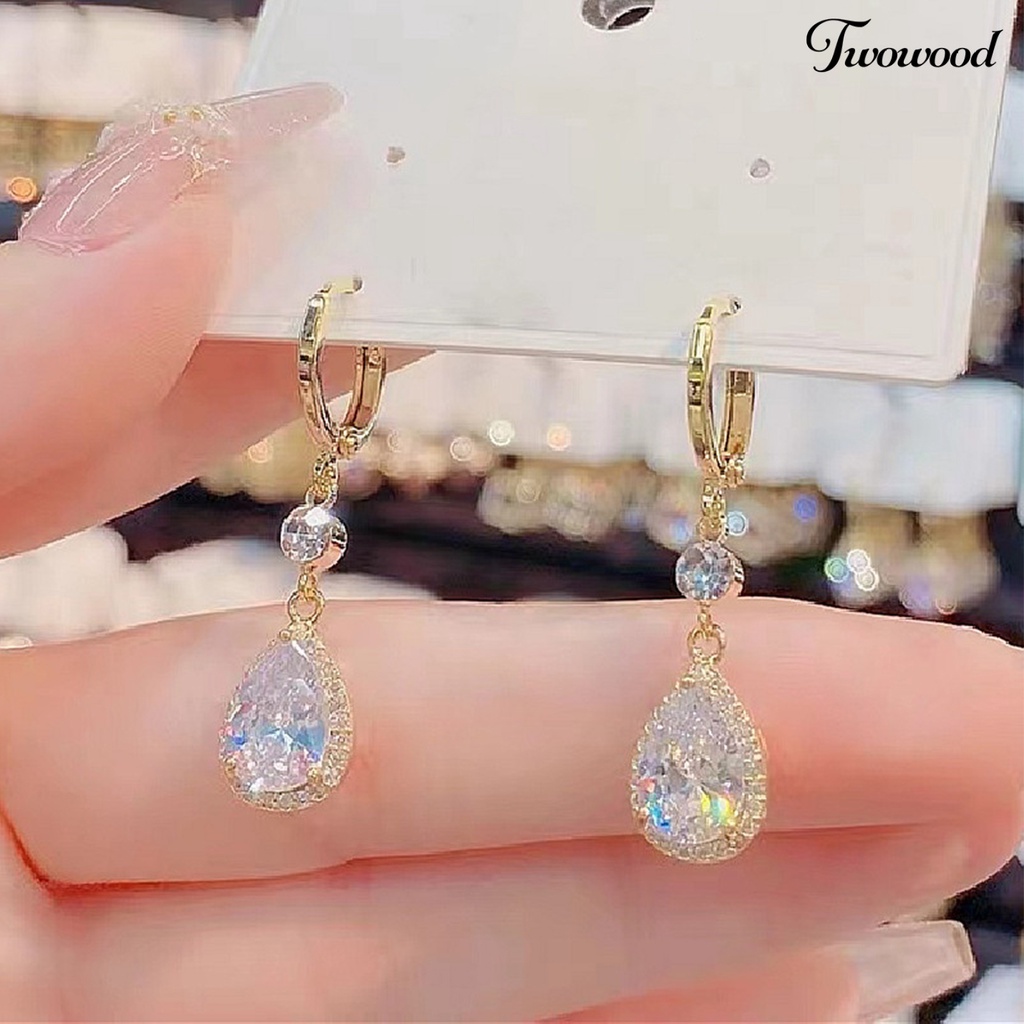 Twowood 1pasang Menjuntai Anting-Anting Tetesan Air Liontin Elegan Emas Hypoallergenic Berkilau Berlian Imitasi Wanita Anting-Anting Fashion Perhiasan