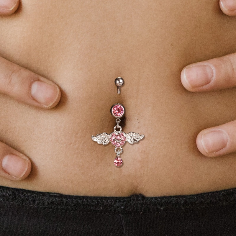 Fashion Boho Merah Muda Kristal Jantung Wing Piercing Belly Button Rings Menjuntai Bedah Stainless Steel Shiny Zircon Butterfly Belly Rings Kepribadian Tubuh Tubuh Perut Tindik Perhiasan Accessor