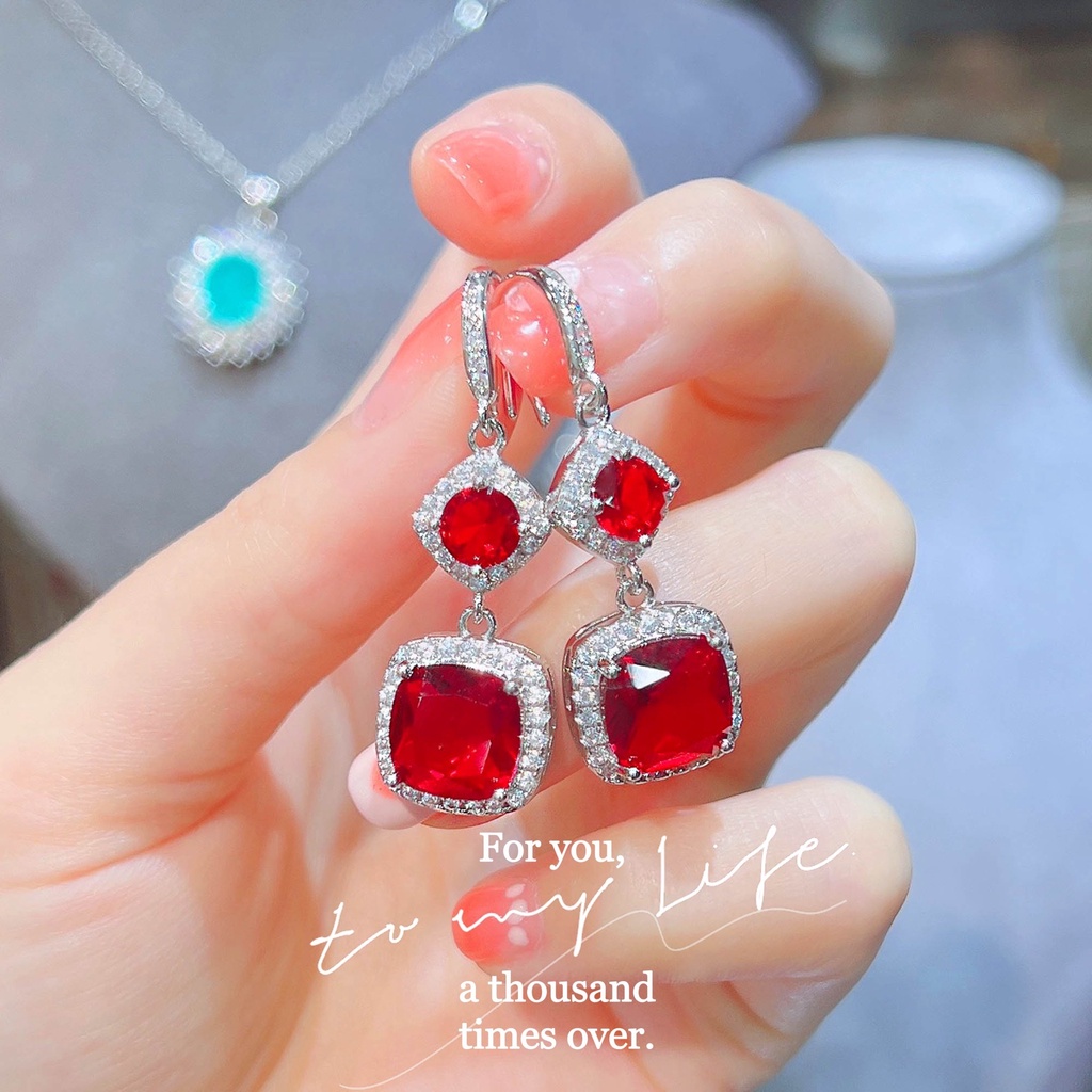 Goldkingdom Fashion Perhiasan Aksesoris Ready Stock Cross-border Eropa Dan Amerika Buatan Ruby Anting Briliant Berlian Kuning Gemuk Anting-Anting Persegi Panjang Aquamarine