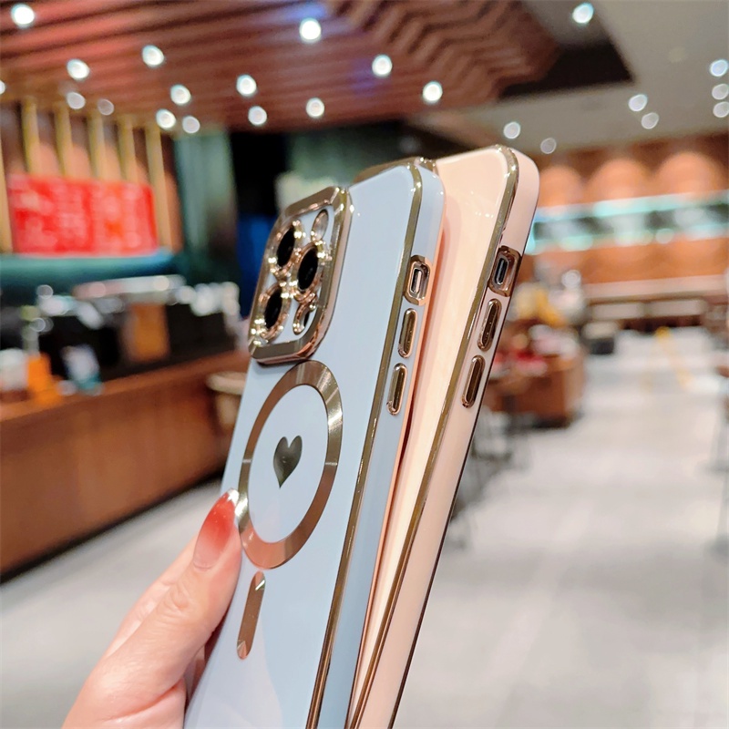 IPHONE Cinta Hati Nirkabel Charge Cinta Hati Plating Phone Case Untuk Iphone14 13 12 Pro Max Plus11 Shockproof Lembut TPU Penutup Belakang