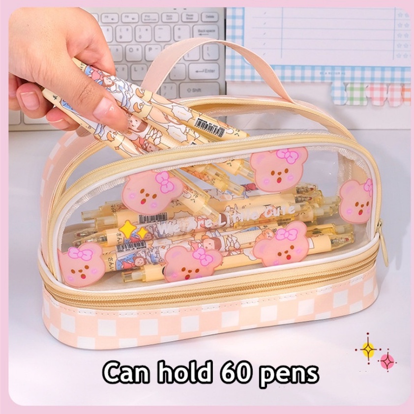 [Kapasitas] Ins PVC Pensil Case 2-Layer Siswa Anak Pulpen Tas Gadis Kawaii Sekolah Pen Case Tas Kosmetik Tas Multifungsi