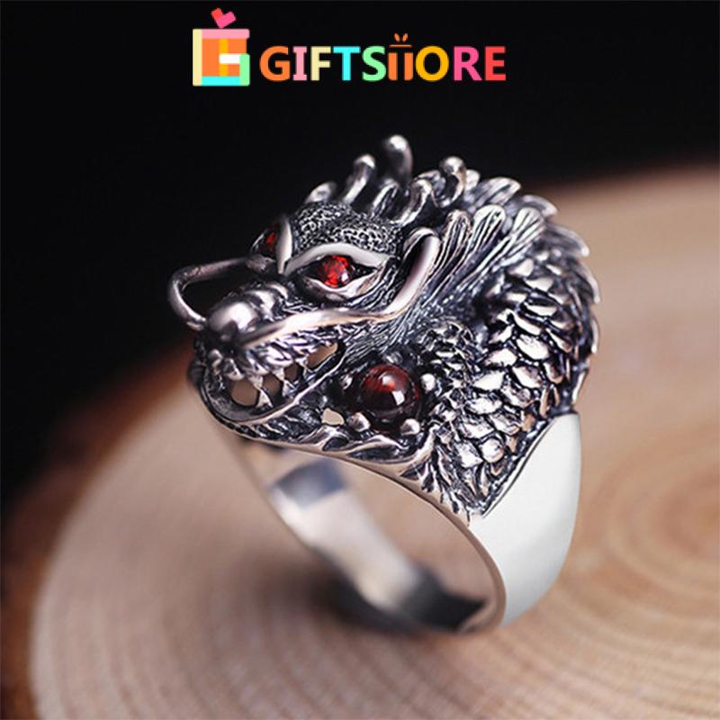 COD Cincin Naga Berlapis Perak Perhiasan Kepala Naga Bertatahkan Cincin Zirkonia Vintage -GS