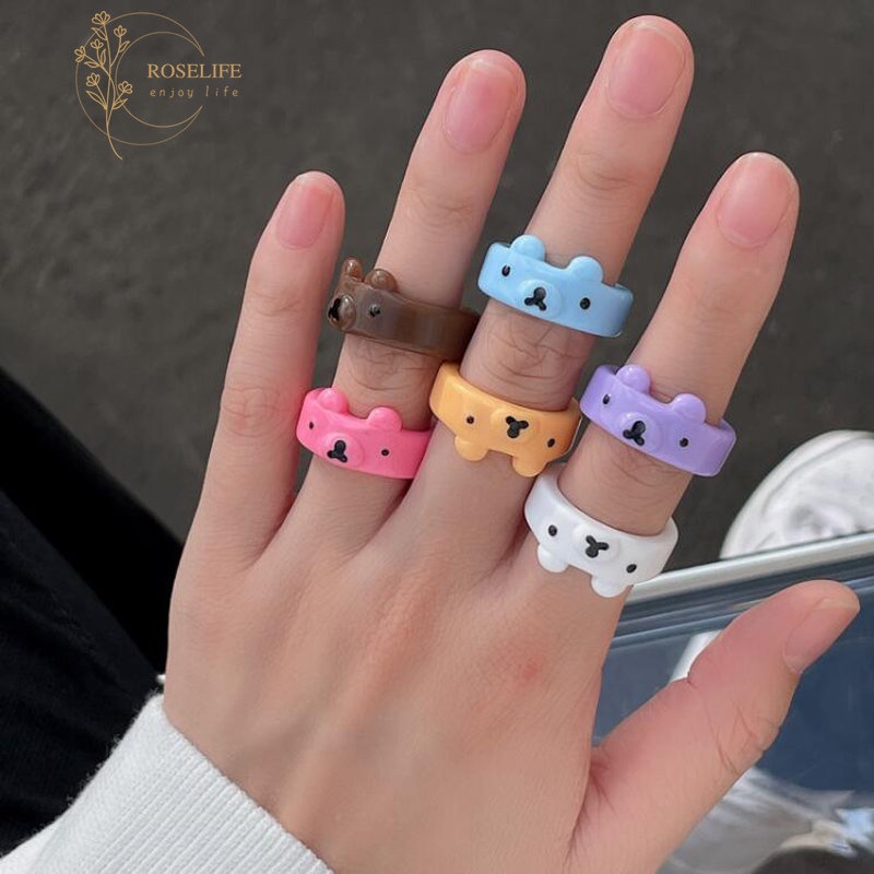 Roselife Permen Warna Lucu Resin Beruang Cincin Untuk Wanita Gadis Anak Korea Acrylic Finger Rings Fashion Tahan Air Pasangan Cincin Persahabatan Perhiasan 1pc