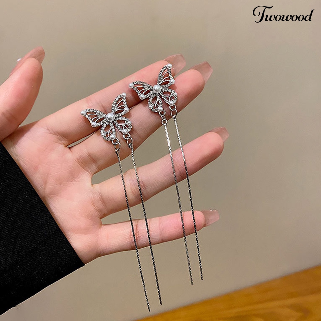 Twowood 1pasang Drop Earrings Geometris Berlebihan Temperamen Hias Mengkilap Berdandan Elegan Klasik Berlian Imitasi Kupu-Kupu Rumbai Anting Perhiasan Fashion