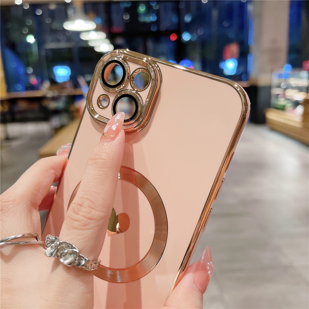 IPHONE Luxury Plating Love Heart Untuk Mag Magnetic Wireless Charge Case Untuk Iphone11 12 13 14 Pro Max XR X XS 7 8Plus SE Soft Cover