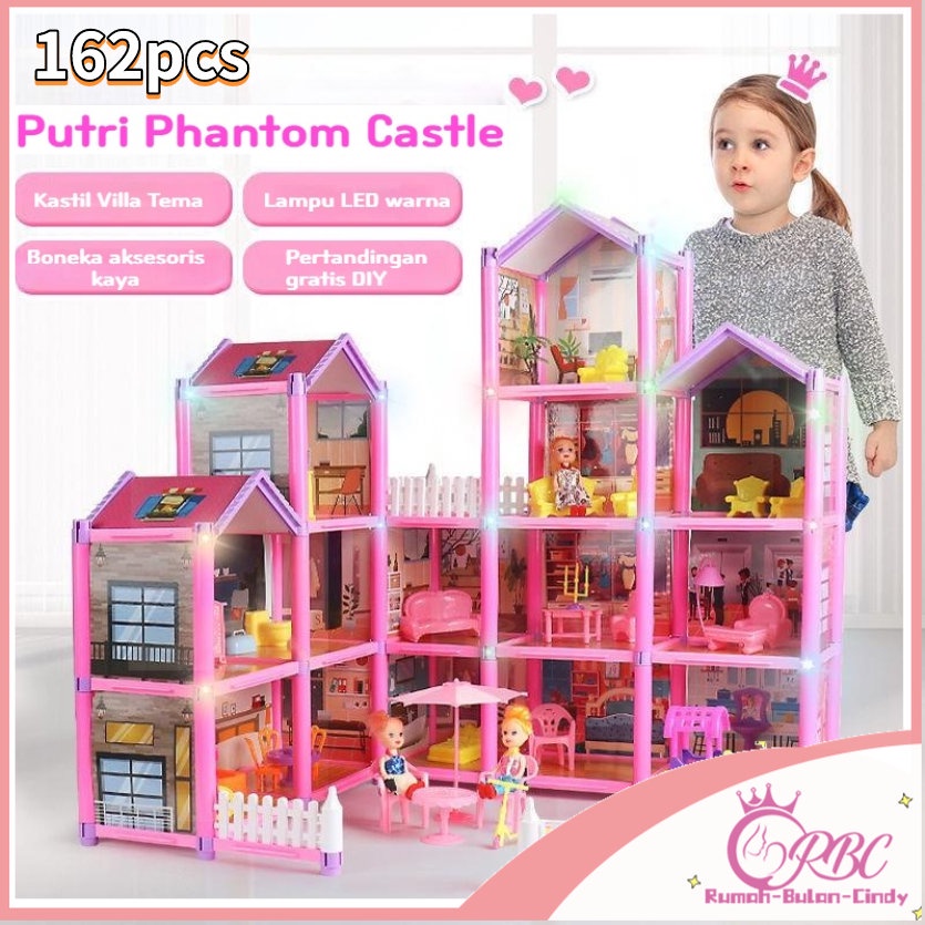 COD 105Pcs/126Pcs/162pcs Permainan Anak-anak Rumah Mainan Rumah Boneka Villa Kastil Putri Setelan Gadis simulasi Dirakit Rumah DIY Hadiah/Mainan Dream Castle Rumah Boneka DIY