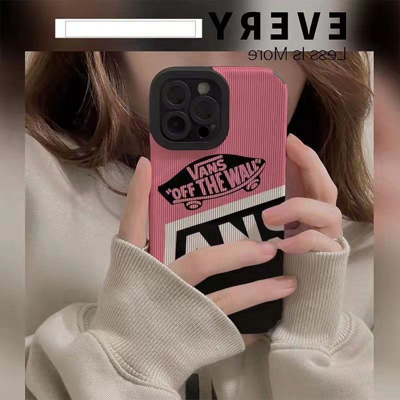 【Lamb Skin】Cool Black and Pink Vans Soft Case for IPhone 6S 7 Plus 8 Plus X XS XR XS Max 11 13 12 14 PRO Max 14 Plus 12 13 Mini Camera Protect Fashion Baolongwish Casing