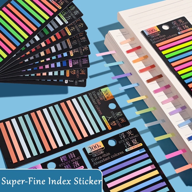 300biji Stiker Indeks Strip Tipis Transparan Neon Universal PET Sticker Set Reusable Marker Dengan Kunci Bookmark 5warna Stiker Index Strip Panjang Sangat Tipis