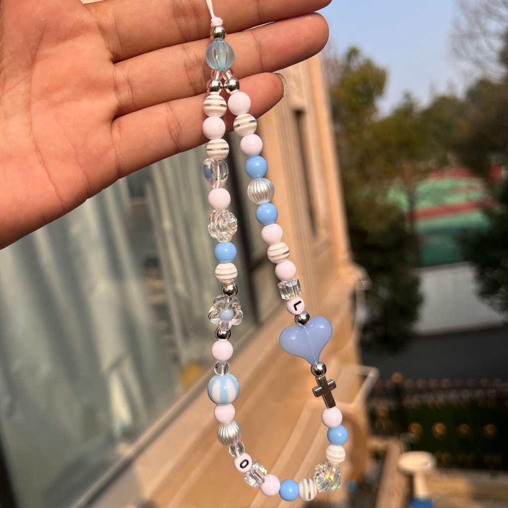 Korea Merah Muda Beruang Biru Hati Rantai Ponsel Anti Hilang Lembut Tembikar Tali Tali Lanyard Manik-Manik Akrilik Warna-Warni Kasus Ponsel Gantung Kabel