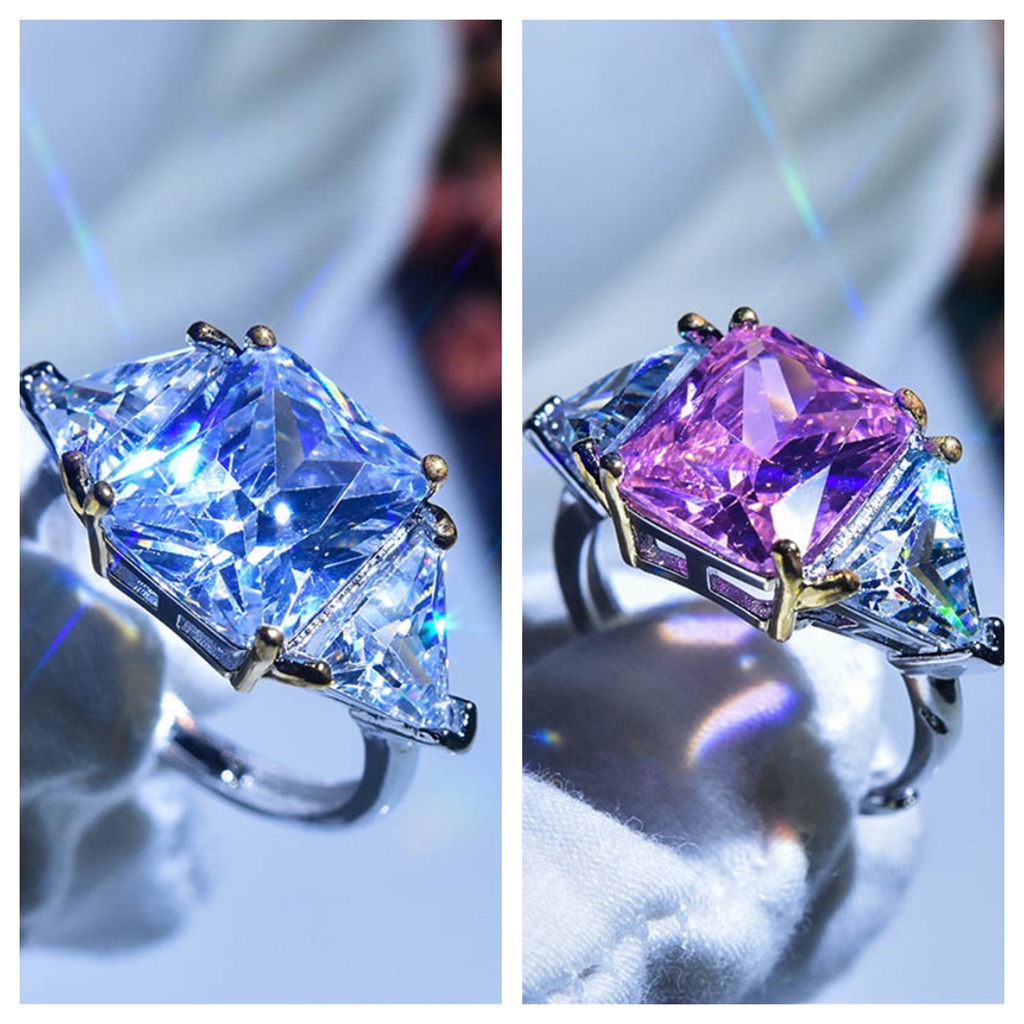 Goldkingdom Fashion Perhiasan Aksesoris Ready Stock Super Berkilau Putri Cincin Persegi Merah Muda Zirkon Delapan Hati Delapan Panah Imitasi Mosan Berlian Terbuka Cincin Untuk Wanita