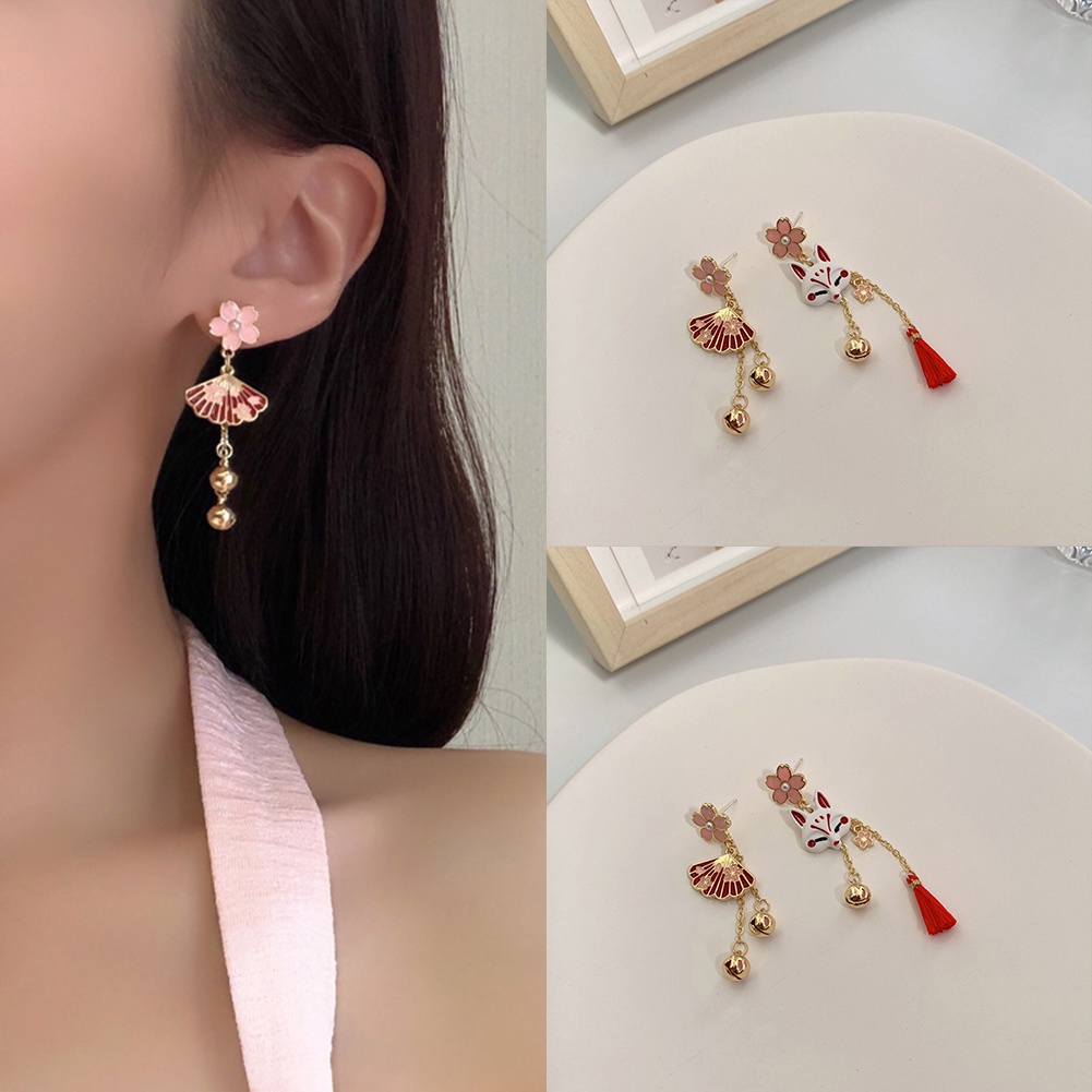 Anting Rumbai Panjang Beruntung Bell Hadiah Asimetris Anting-Anting Vintage Perhiasan Bunga Kartun Hewan Telinga Giwang Logam Lucu Rubah Pecinta