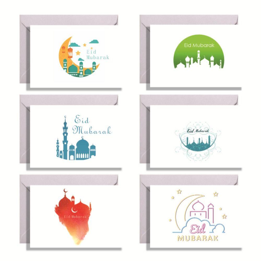 Lanfy Kartu Dan Amplop Lebaran set 6Pcs/set Kartu Ucapan Festival Islami Bulan Bintang Eid Mubarak Motif Kaya Kartu Eid Mubarak Dengan Amplop