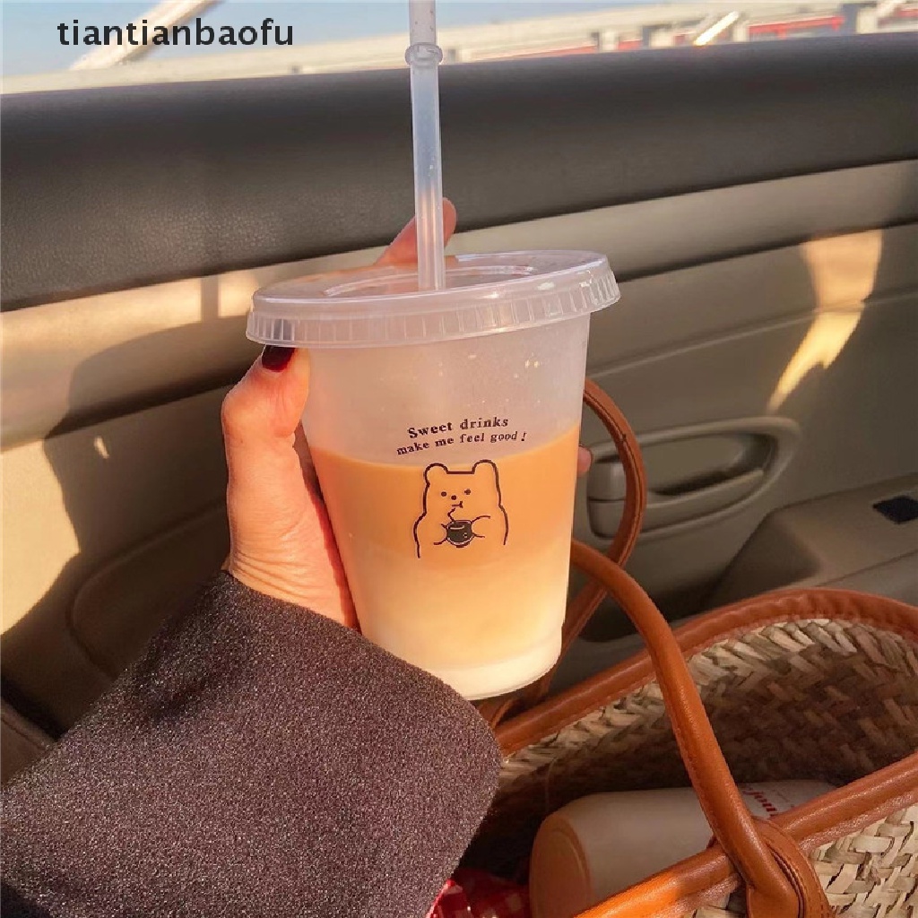 [tiantianbaofu] Botol Air Minum Jus Kopi Susu Teh Kawaii Gelas Dingin Plastik Dengan Tutup Sedotan Butik