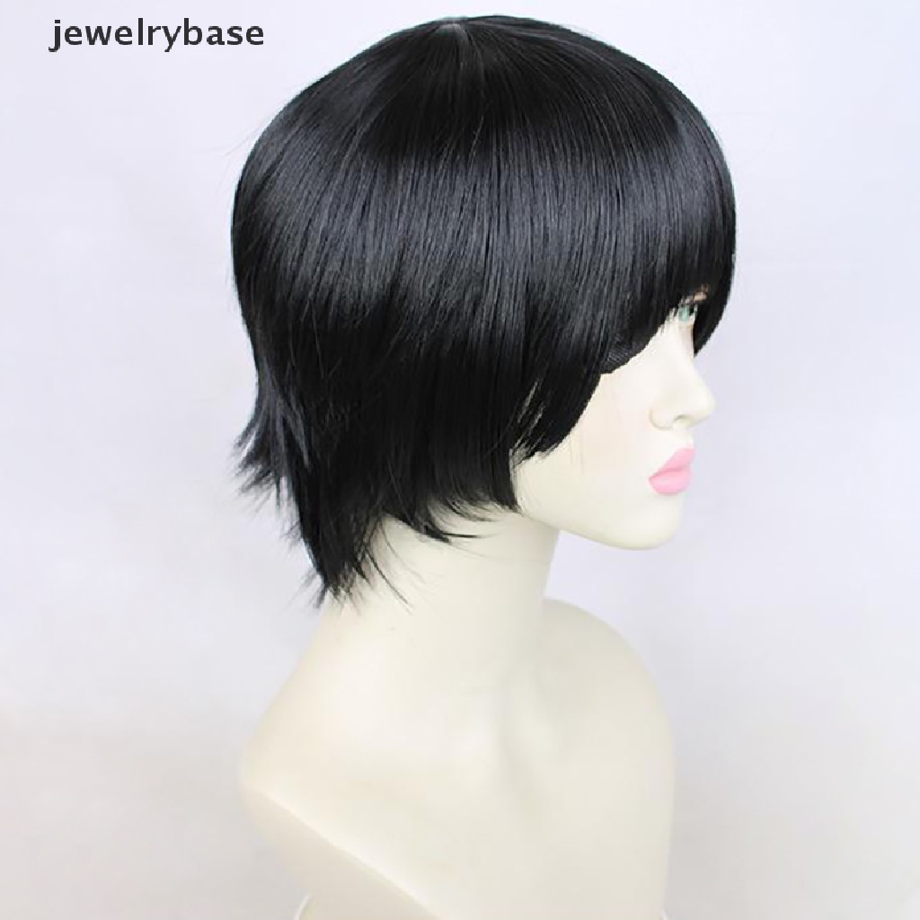 [jewelrybase] Himeno Wig Rantai Man Hitam Pendek Berbulu Lapis Rambut Sintetis Patch Tahan Panas Kostum Pesta Wig Butik