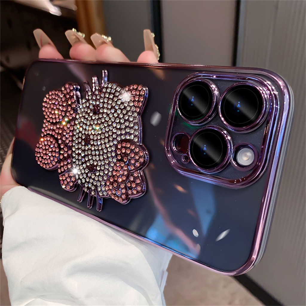 Kartun 3D Berlian Hello Kitty case iphone 14 pro max case iphone 13 12 pro Max14 plus promax Mewah Lensa Kamera Bening Tertutup Penuh Perlindungan shock Lembut Penutup Belakang