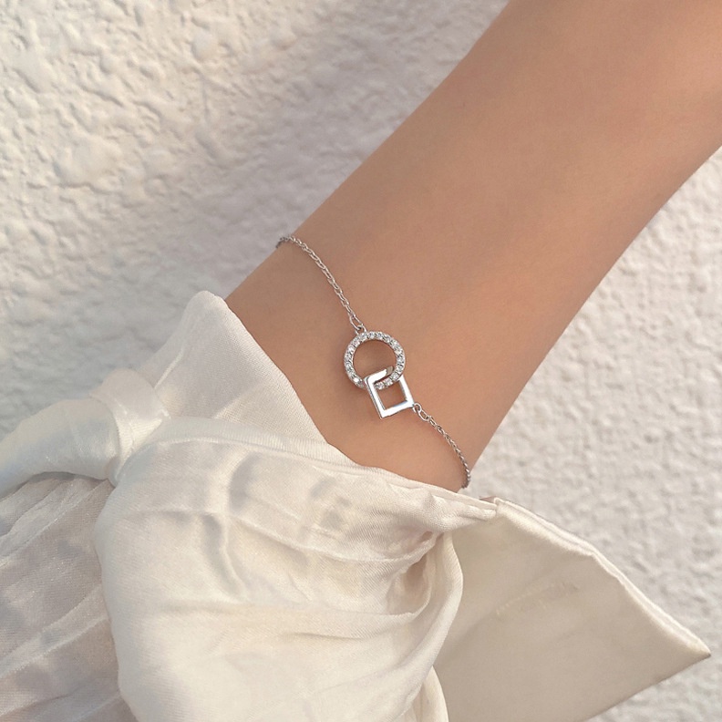 Roselife Perak Zirkon Persegi Bulat Geometris Liontin Gelang Untuk Wanita Gadis Minimalis Pergelangan Tangan Rantai Gelang Fashion Perhiasan Hadiah