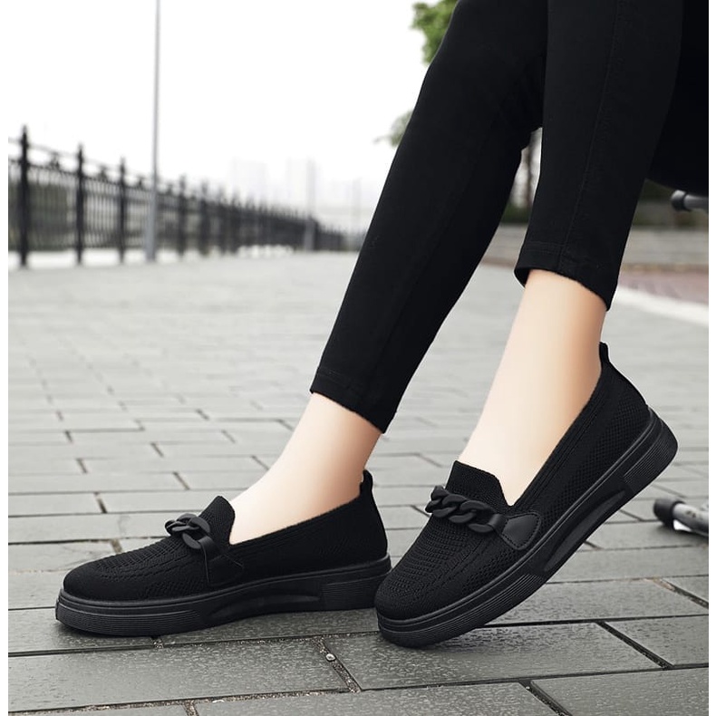 GROSIRTAS LV0241 Sepatu Slip On Wanita Rajut Tanpa Tali Flat Shoes Wanita Import Moif Rantai Kekinian