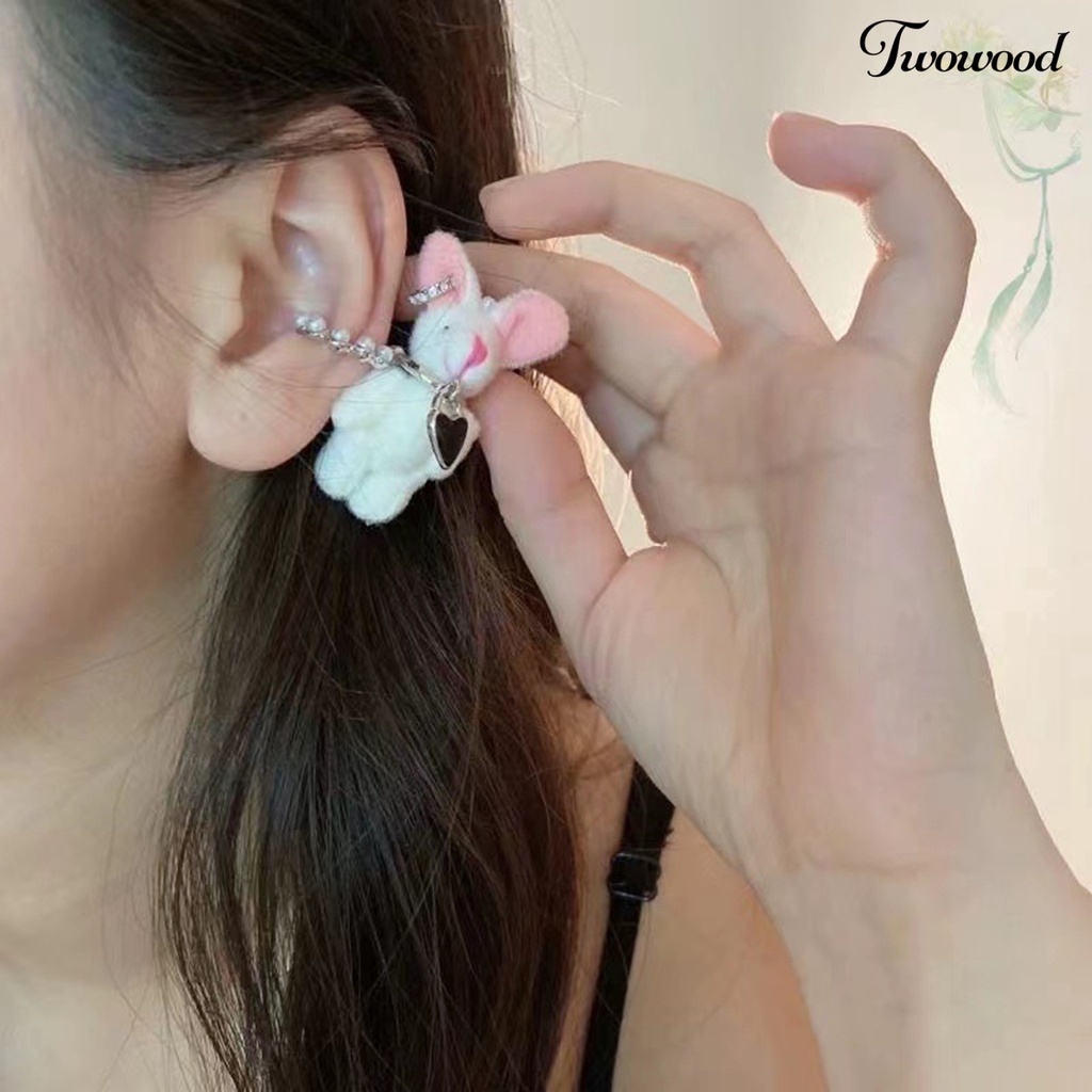 Twowood 1Pc Telinga Manset Menggemaskan Liontin Mewah Buatan Tangan Pengerjaan Halus Eye-catching Hadiah Memberikan Fashion Perempuan Kelinci Putih Klip Anting-Anting Perhiasan Aksesori