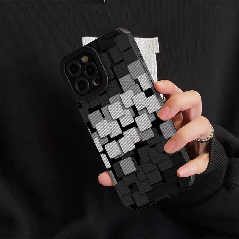 IPHONE [Kulit Domba] Soft Case Grid Hitam Dan Putih Stereoskopik Untuk Iphone7Plus8 Plus X XS XR XS Max 11 13 12 14 PRO Max 14 Plus Fashion Wanita Casing Ponsel Kamera Melindungi