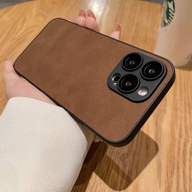 【Lens Glass-film】Lamb Skin Soft Case for IPhone 11 12 13 14 Pro Max Black Brown Men's Man's Fashion LOGO