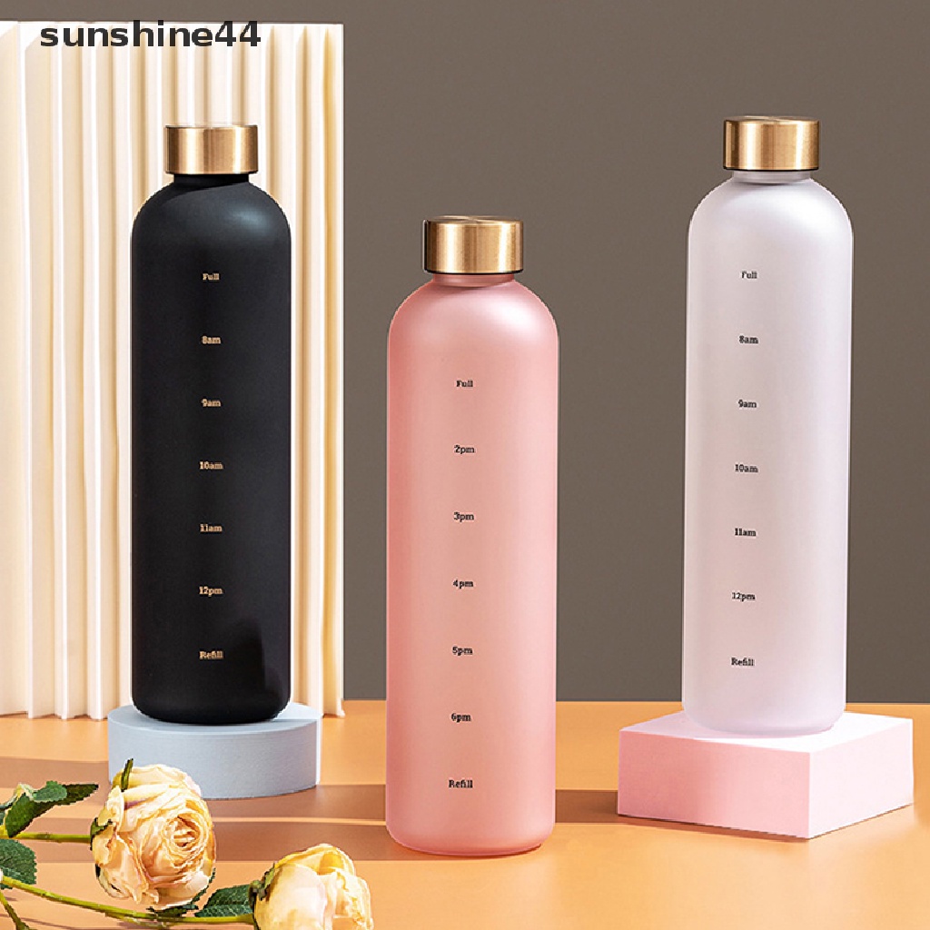 Sunshine Botol Air 1L Dengan Penanda Waktu 32oz Kebugaran Olahraga Perjalanan Luar Ruangan Portable Perlengkapan Minum Anti Bocor BPA Free Frosted Botol Minum ID