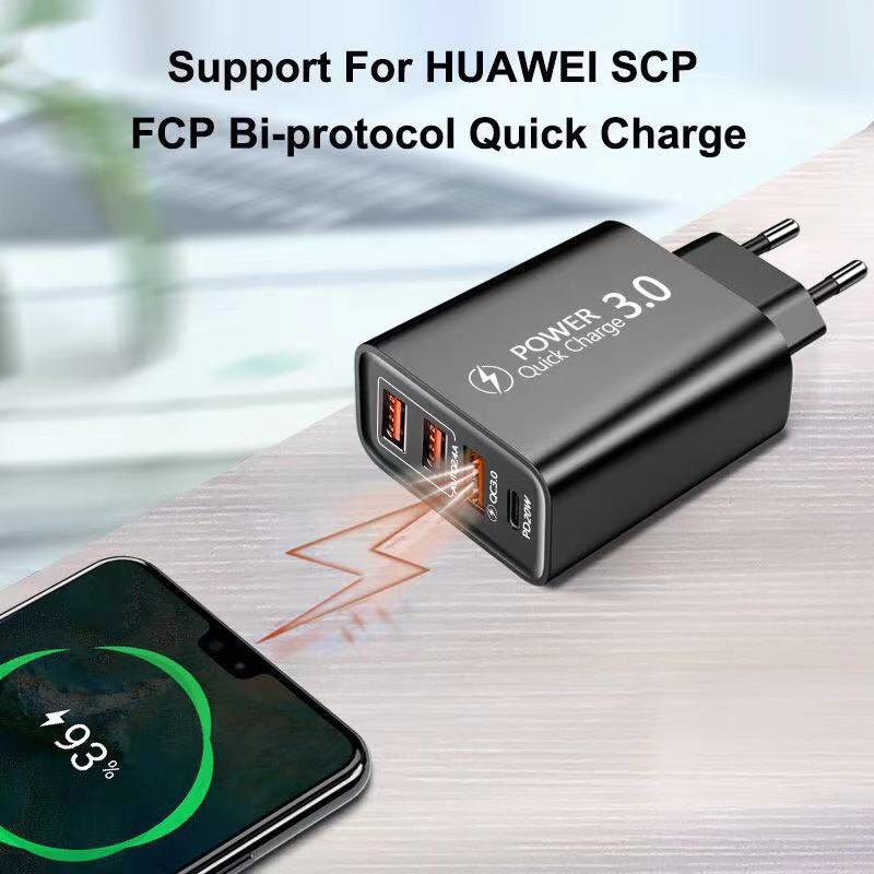 3usb+type-c Multi port Charger PD Amerika Eropa Power Adapter Kepala Cas 4-port