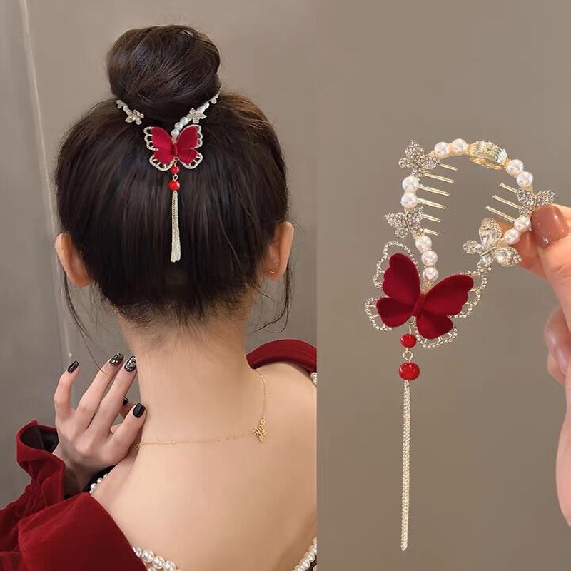 Korea Baru Berlian Imitasi Mutiara Rumbai Alloy Rambut Klip Ponytail Jepit Rambut Wanita Aksesoris Rambut