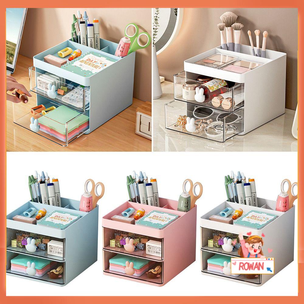 R-flower Pen Holder Multi Fungsi Dengan Laci Transparan Banyak Kompartemen Tempat Alat Tulis Desktop Organizer