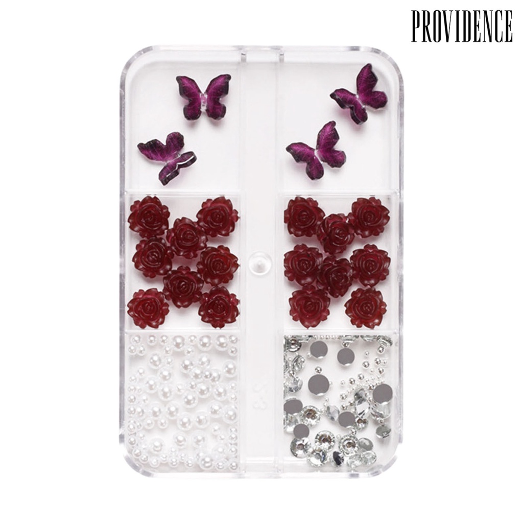 Providence 1kotak Pesona Nail Art Berkilauan Retro Mudah Di Tempel Mempesona Efek Visual DIY Resin 3D Kupu-Kupu Mawar Mutiara Imitasi Hiasan Kuku Perlengkapan Kerajinan