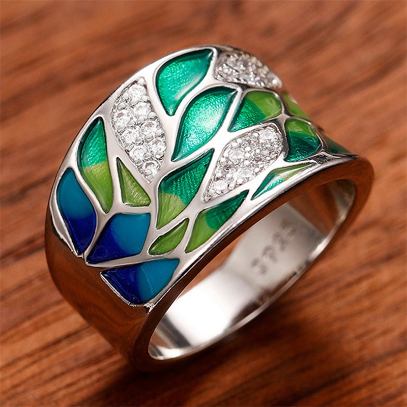 Gaya Bohemia Daun Hijau Enamel Cincin Untuk Wanita Menawan Ladies Rings Pesta Dansa Mewah Ulang Tahun Gadis Hadiah Fashion Perhiasan