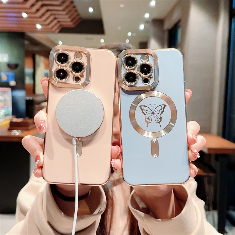 IPHONE Plating Casing Ponsel Kupu-Kupu Lucu Untuk Iphone11 12 Pro Max13 14 Pro Max Charge Nirkabel Magnetik Tahan Guncangan Fundas