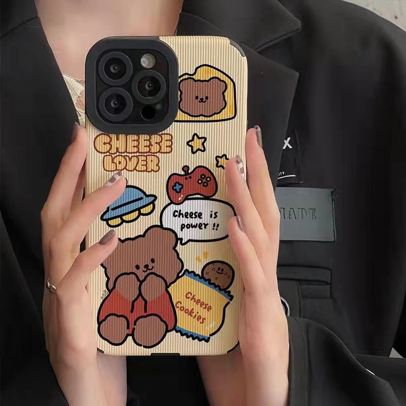 【Lamb Skin】Cute Cheese Lover Bear Soft Case for IPhone 6S 7 Plus 8 Plus X XS XR XS Max 11 13 12 14 PRO Max 14 Plus 12 13 Mini Camera Protect Women's Cartoon