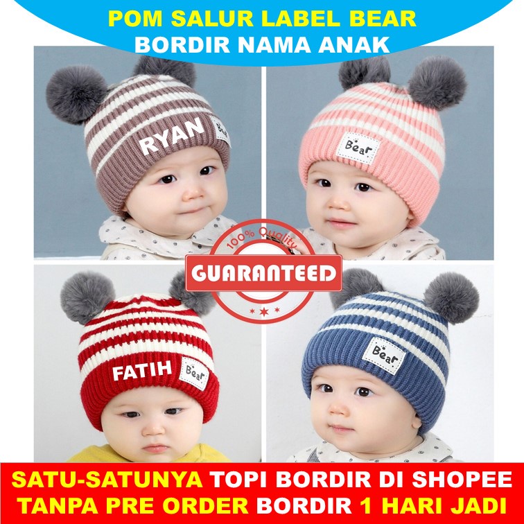 Kupluk Bayi Pom Motif Salur Label Bear Pompom Custom Bordir Nama Kupluk Anak Lembut