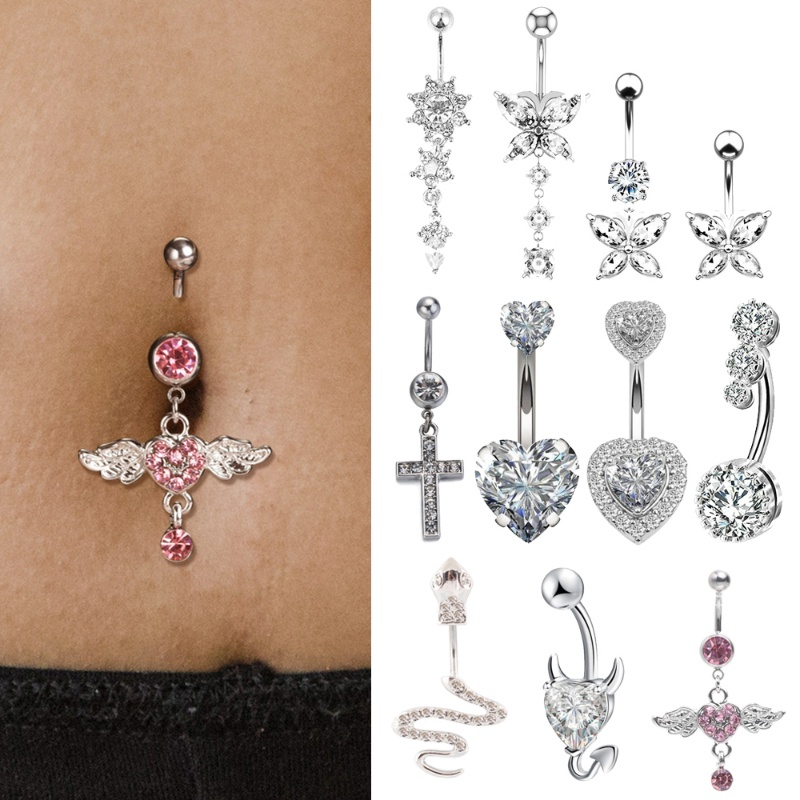 Fashion Boho Merah Muda Kristal Jantung Wing Piercing Belly Button Rings Menjuntai Bedah Stainless Steel Shiny Zircon Butterfly Belly Rings Kepribadian Tubuh Tubuh Perut Tindik Perhiasan Accessor