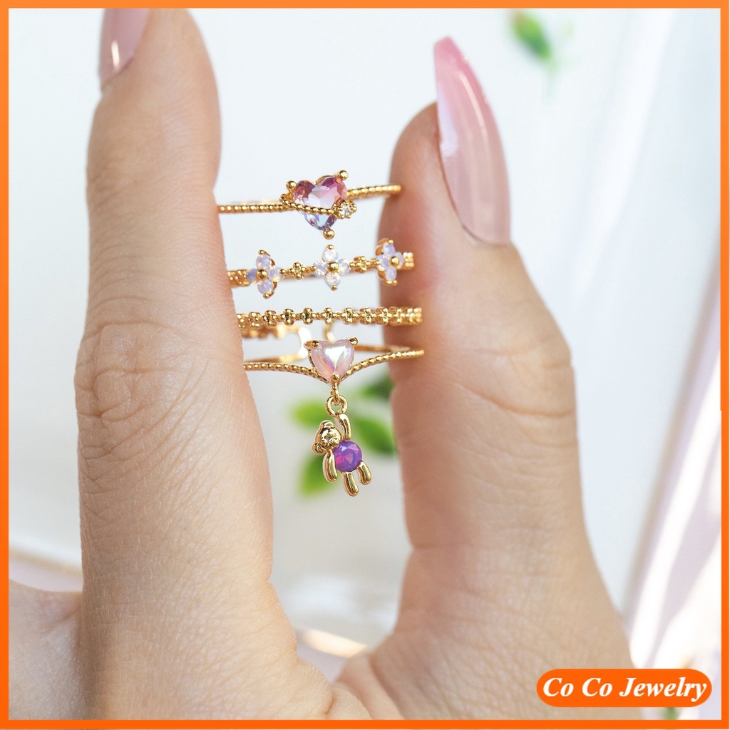 Alloy Manis Keren Set Berlian Cinta Hati Kartun Beruang Cincin Wanita