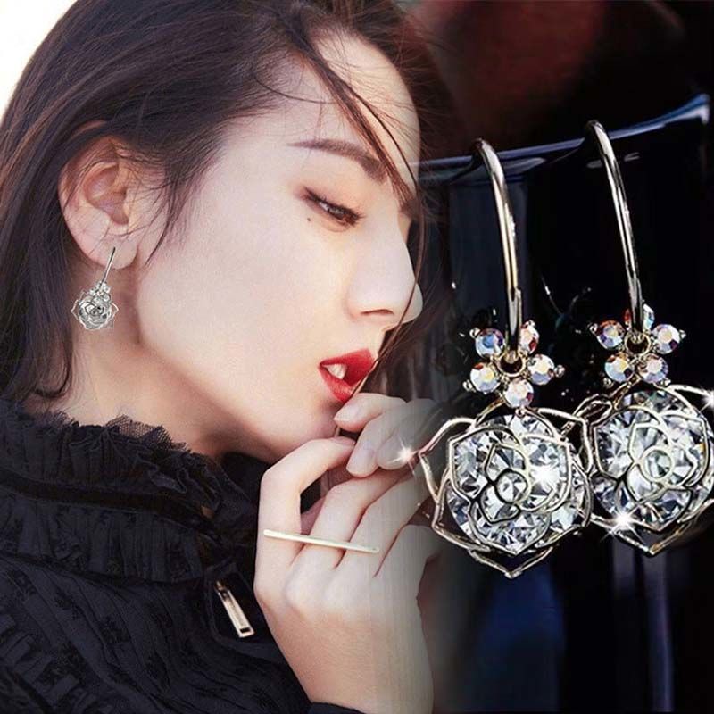 Anting Mawar Zirkon Berongga Influencer Versi Korea High-End Feeling All-Match Trendi Kelas Sederhana