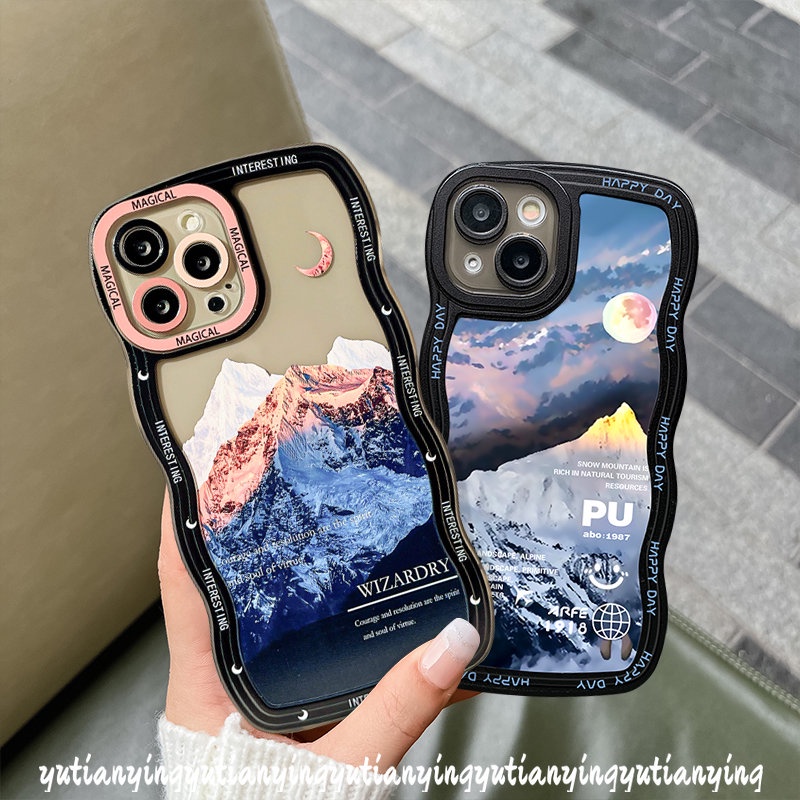 IPHONE Fantasy Sun Snow Mountain Case Kompatibel Untuk Iphone11Xr 12 13 14 Pro Max X XS Max 7 8 6 6s 14 Plus SE 2020 Wavy Edge Soft Tpu Phone Cover