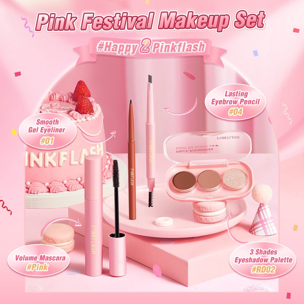 PINKFLASH Beauty Makeup Set 3 shade Eyeshadow+Eyeliner Gel+Maskara+Eyebrow