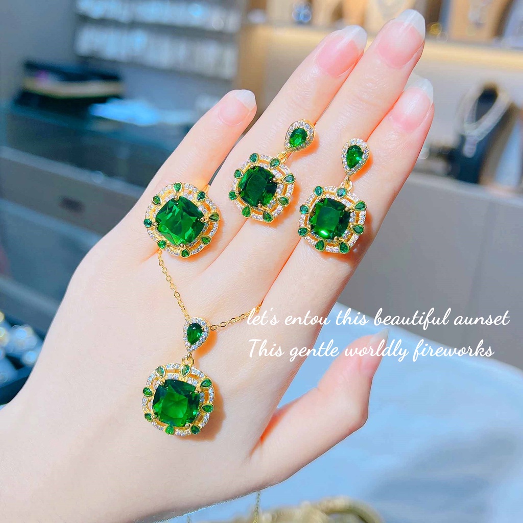 Goldkingdom Fashion Perhiasan Aksesoris Ready Stock Gaya Cina Baru Desain Simulasi Zamrud Set Perhiasan Fanta Paparadaccia Kalung Terbuka Cincin Anting