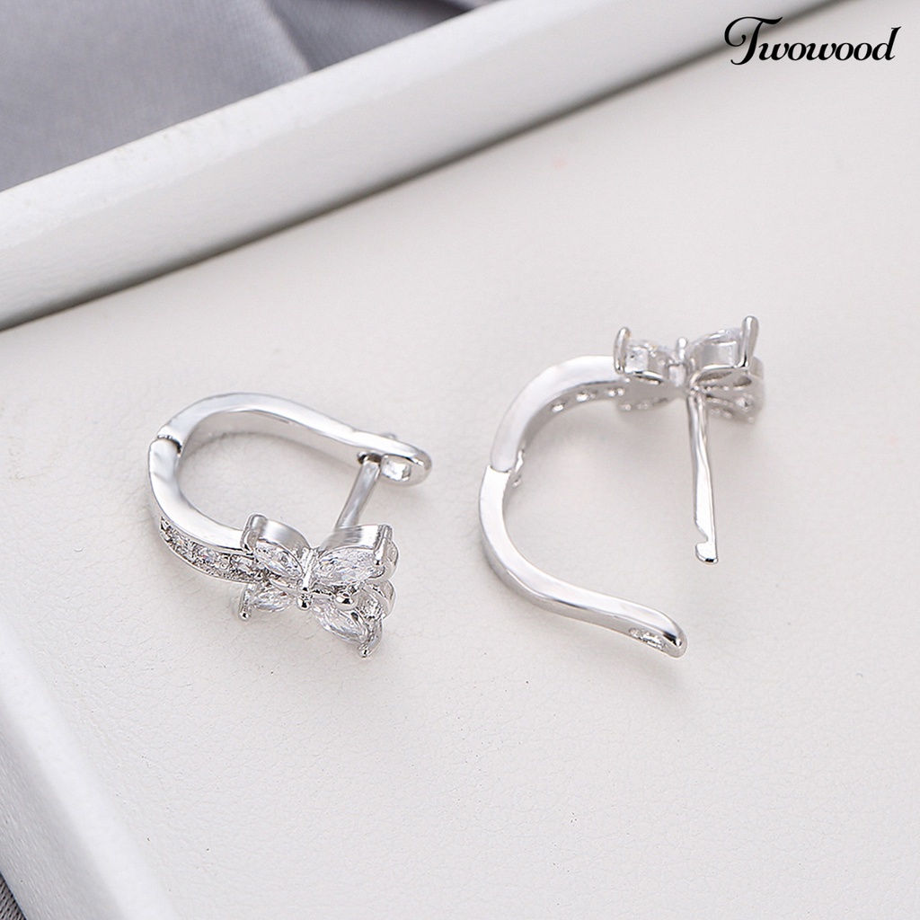 Twowood 1pasang Anting Hoop Vintage Pendek Gaya Pastoral Shiny Cubic Zirconia Hias Hadiah Valentine Wanita Butterfly Shaped Menjuntai Earrings Perhiasan Gadis