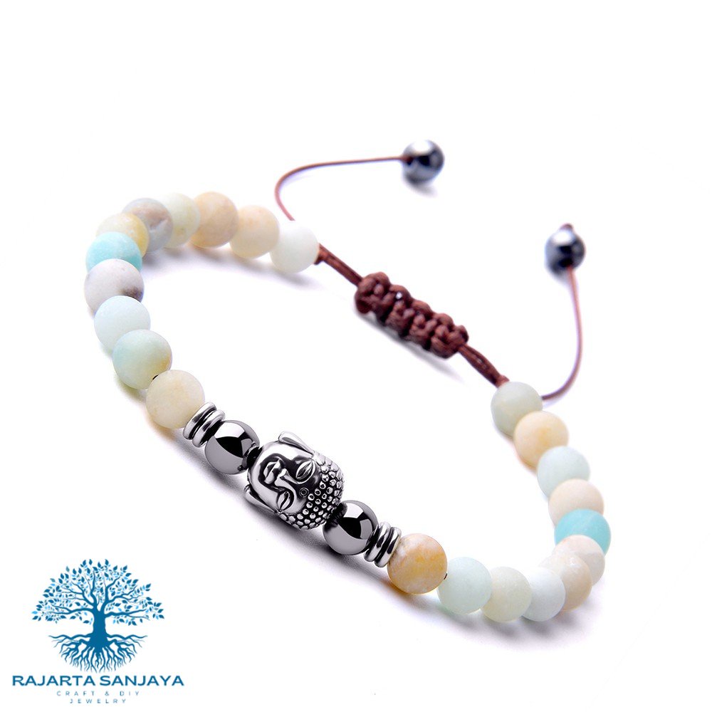 Gelang Ku Rajut Shambala Amazonite Indian Grey Jasper Buddha Double Knot