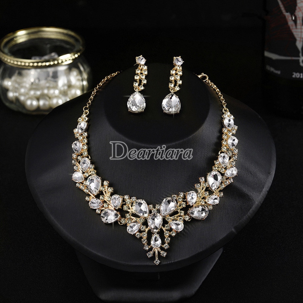 Fashion Pengantin Kalung Anting Berlian Imitasi Kalung Anting Pernikahan Set Perhiasan