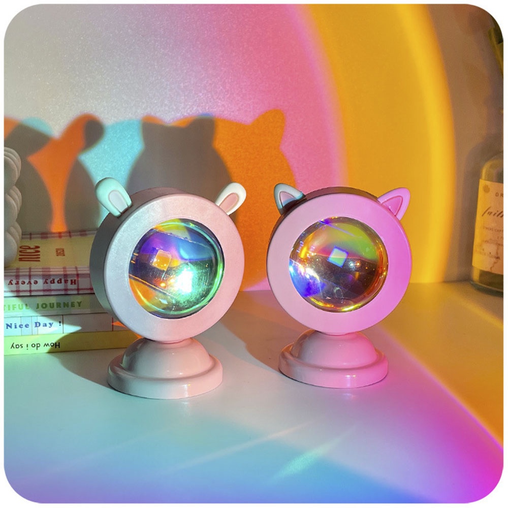 Lampu Meja Mini Telinga Kucing Sunset Rainbow Rgb Atmosphere Mini Untuk Dekorasi Pesta Hadiah Ulang Tahun