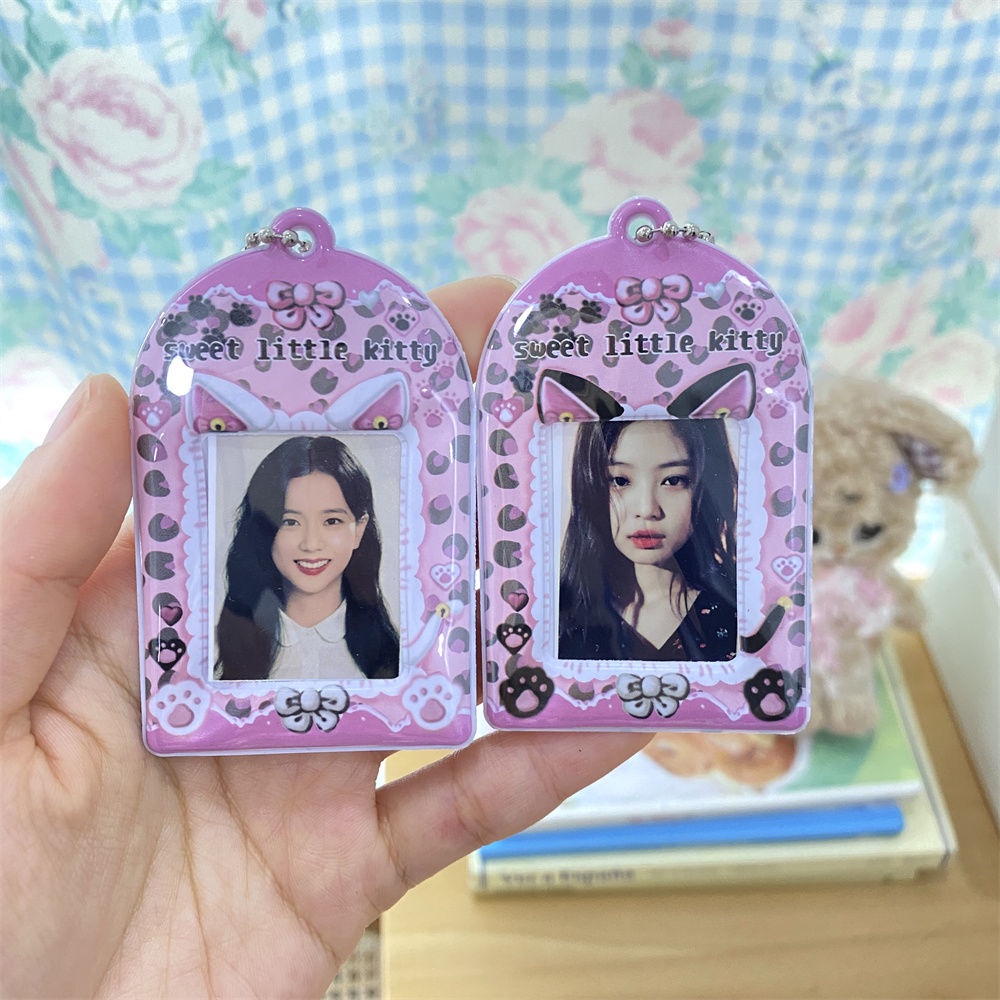 Ins Style Telinga Kucing 3.3 cm ID Foto Kepala Besar Stiker Card Holder Cute Bow Pendant Key Chain Star Chasing Love Beans