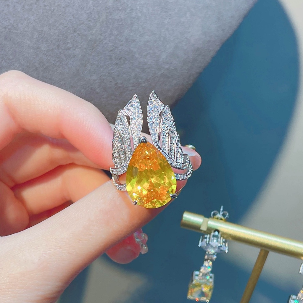 Goldkingdom Fashion Perhiasan Aksesoris Ready StockTiktok Gaya Euro-Amerika Retro Zamrud Cincin Yang Dapat Disesuaikan Kreatif Sayap Malaikat Warna Harta Cincin