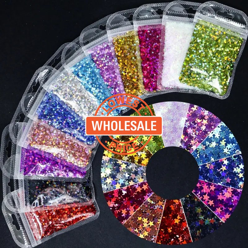 [Grosir] Mode Laser Empat Sudut Bintang Glitter Nail Art Piece Ilusi Mutiara Salju Beludru Nail Art Bubuk DIY Nail Art Dekoratif Patch 3D Tidak Teratur Hexagonal Nail Art Payet