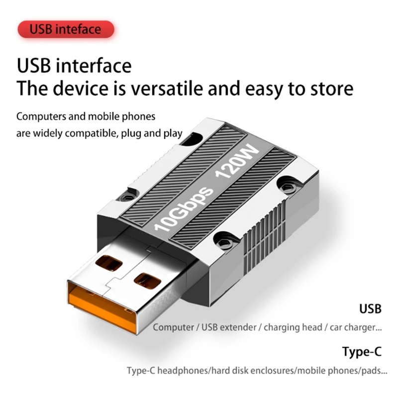 Adaptor Pengisian USB3.0 Ke Tipe-C/Adaptor Mini 10Gbps 120W Kecepatan Tinggi/Zinc Alloy Dengan Lubang Kunci Untuk Laptop Tablet Ponsel