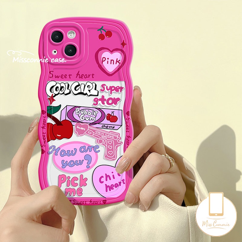 Casing OPPO A16 A76 A57 A7 A74 A12 A5 A95 A15 A78 A9 A52 A1k A77 A53 A3s A54 A17 A16K A17K A96 A55 A16s A5s Reno 8T 6 8Z 8 7 7Z Wavy Edge Label Kartun Cherry Love Heart Sarung Soft Case