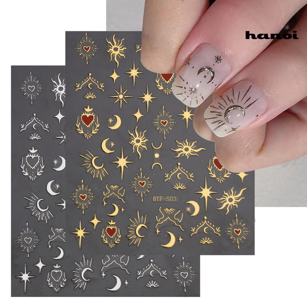 Hi 2lembar Stiker Kuku Matahari Shiny Self-Adhesive Tidak Luntur Gloss DIY Tiga Dimensi Golden Sliver Bulan Bintang Nail Art Patch Untuk Manicure